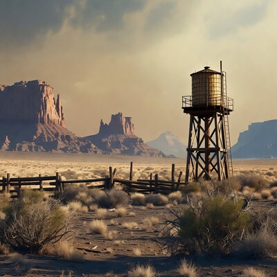 Water Tower in Desert with Mountains