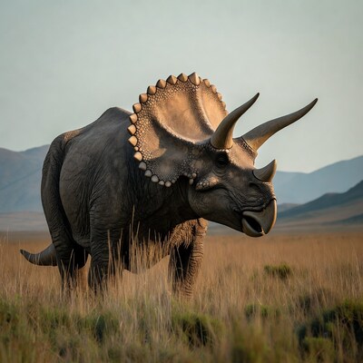 Triceratops walking in grassland