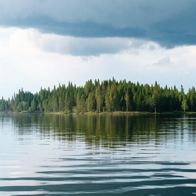 Pine Forest Reflected in Calm Lake