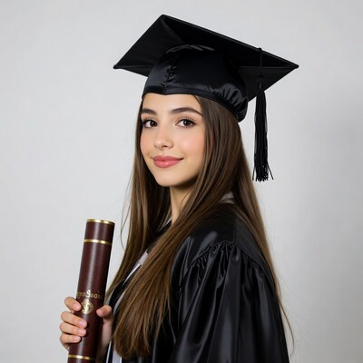 Young woman in graduation gown holding diploma