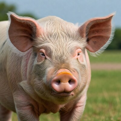 Closeup pink pig in green field