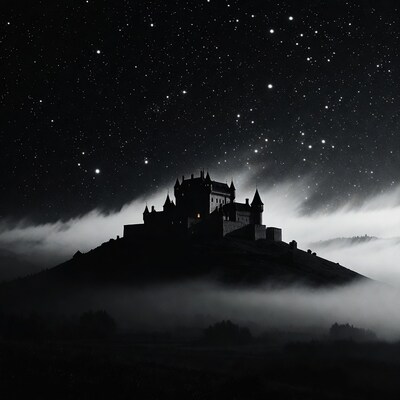 Silhouette Castle on Hill in Foggy Night Sky