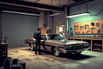 Man standing by classic car in garage