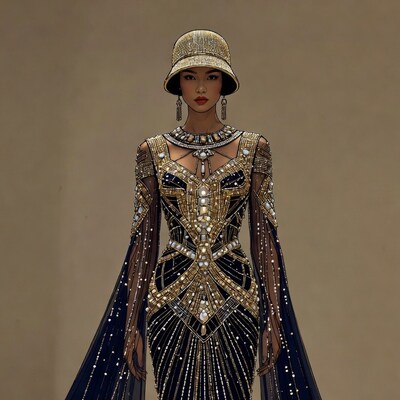 Asian woman in gold beaded flapper dress