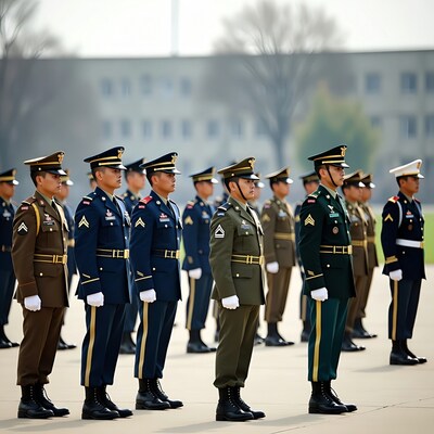Asian soldiers in uniform standing formation