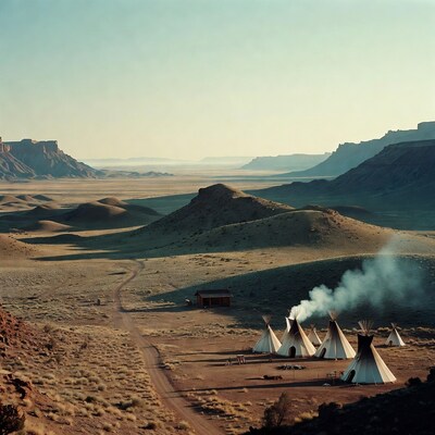 Tipis with smoke in desert canyon landscape