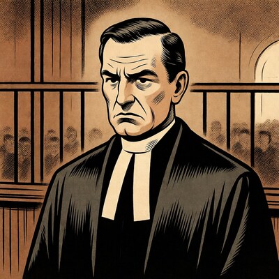 Stern priest behind courtroom bars illustration