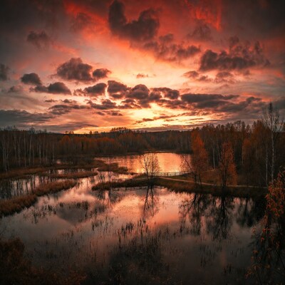 Autumn Sunset Over Marsh with Wooden Bridge