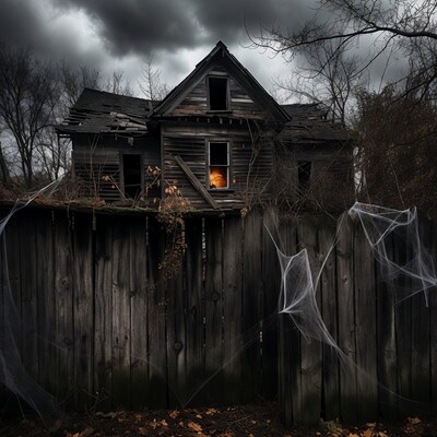 Haunted house behind spiderweb fence