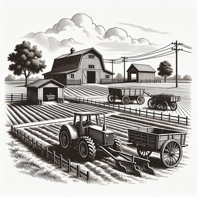 Black and white farm illustration