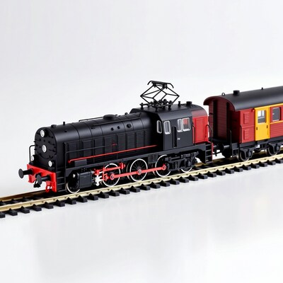 Black steam locomotive with red freight car