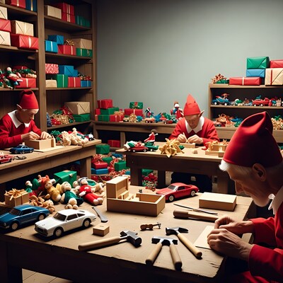 Elves crafting toys in Christmas workshop