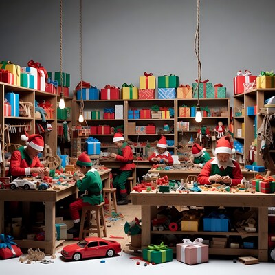 Elves crafting toys in Santa workshop