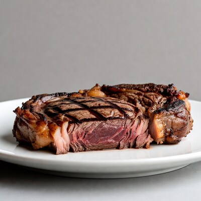Sliced Ribeye Steak on White Plate