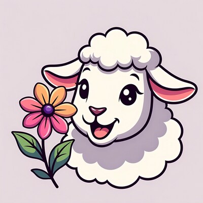 Cute cartoon sheep holding flower