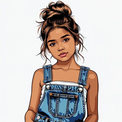 Girl in blue overalls with messy bun