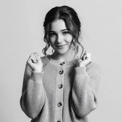 Smiling girl in sweater raising hands