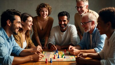 Diverse group playing Ludo board game