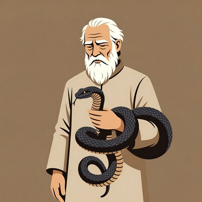 Elderly man holding cobra snake