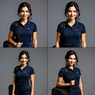 Smiling woman in navy polo with backpack
