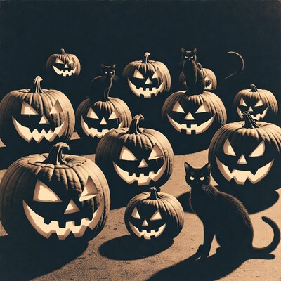 Black cats among carved jack-o-lanterns