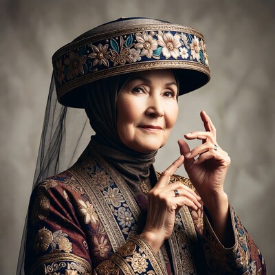 Elderly woman in embroidered hijab and hat