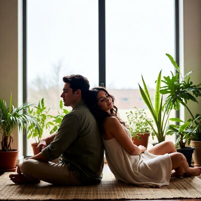 Couple sitting back-to-back with plants