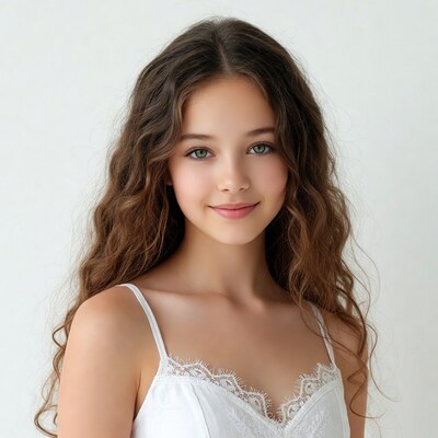 Girl with curly hair in white lace dress