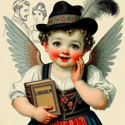 Cherub boy holding book with wings