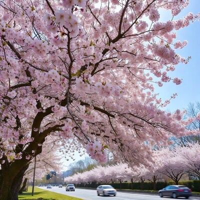 Cherry Blossom Trees Lining Street