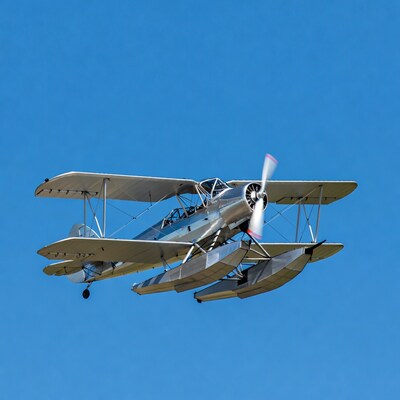 Silver biplane seaplane flying over blue sky
