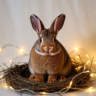 Rabbit sitting in nest with fairy lights