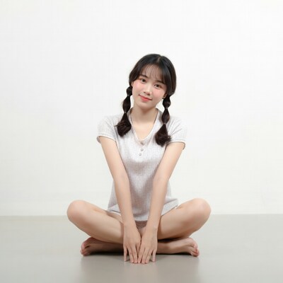 Asian girl with pigtails sitting cross-legged
