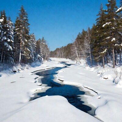 Icy River Flowing Through Snowy Forest