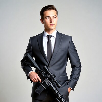 Young man in suit holding AR-15 rifle