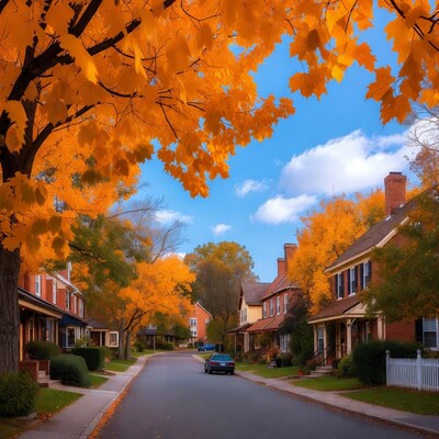 Autumn Street Lined with Orange Maple Trees