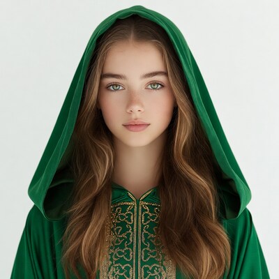 Girl in green hooded robe