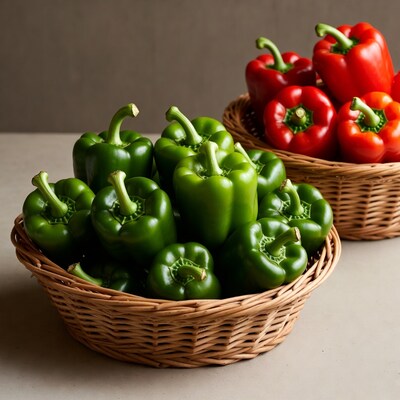 Green and Red Bell Peppers in Baskets