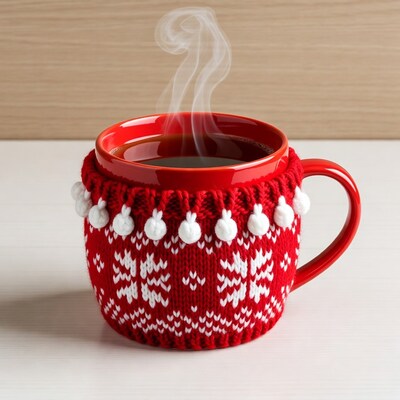 Steaming red Christmas mug of tea