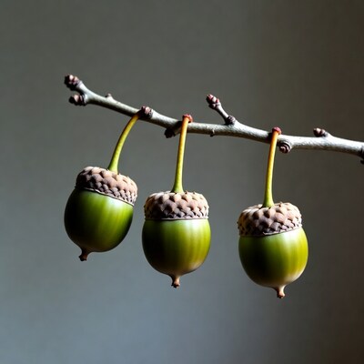 Three green acorns on branch