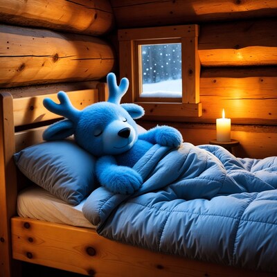 Blue reindeer plush sleeping in log cabin