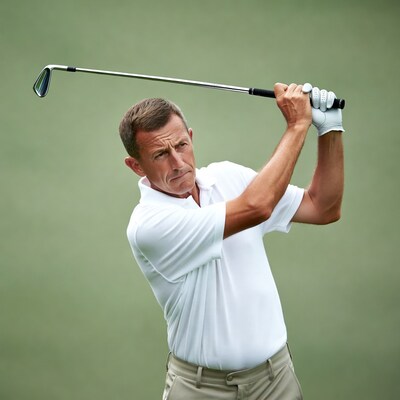 Man swinging golf club on green