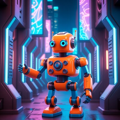 Orange robot waving in neon corridor