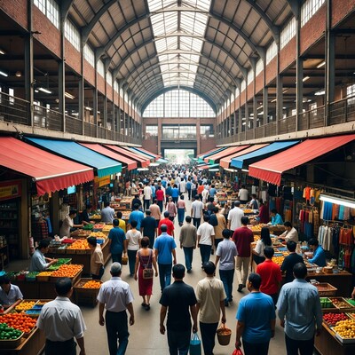 Crowded indoor Asian market with fruits