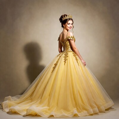 Woman in gold crown and yellow ball gown