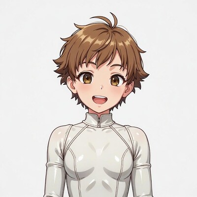 Anime girl smiling in white bodysuit