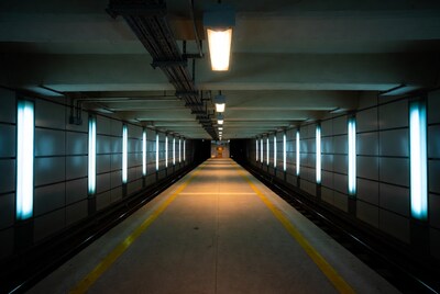 Empty subway tunnel with lights