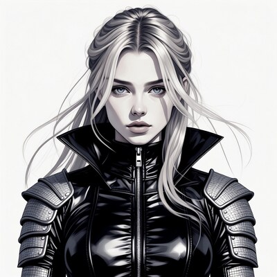 Blonde woman in black armored jacket