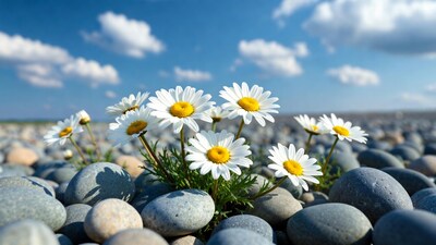 White Daisies on Pebbles Blue Sky