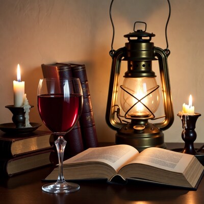 Red wine glass with open book and lantern